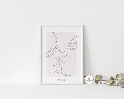 Almost Kiss 'Amore' Couple Abstract Line Drawing Wall Art Print | Unframed Print