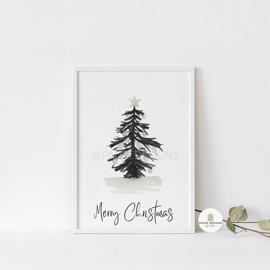 Merry Christmas Monochrome Black Christmas Tree Wall Art Print