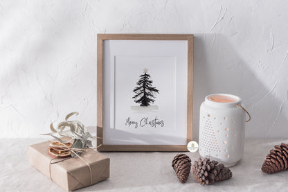 Merry Christmas Black Monochrome Watercolour Tree Wall Art Print | Unframed Print