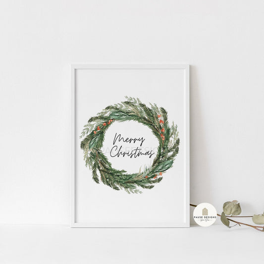 Festive Foliage Wreath with Merry Christmas Typography Text Christmas Wall Art Print