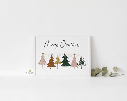 Merry Christmas Colourful Christmas Trees Wall Art Print | Unframed Prints