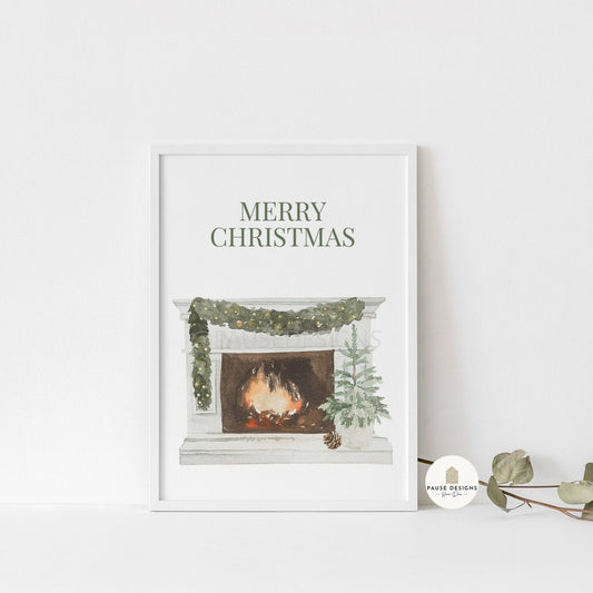 Merry Christmas Fireplace Setting Christmas Wall Art Print