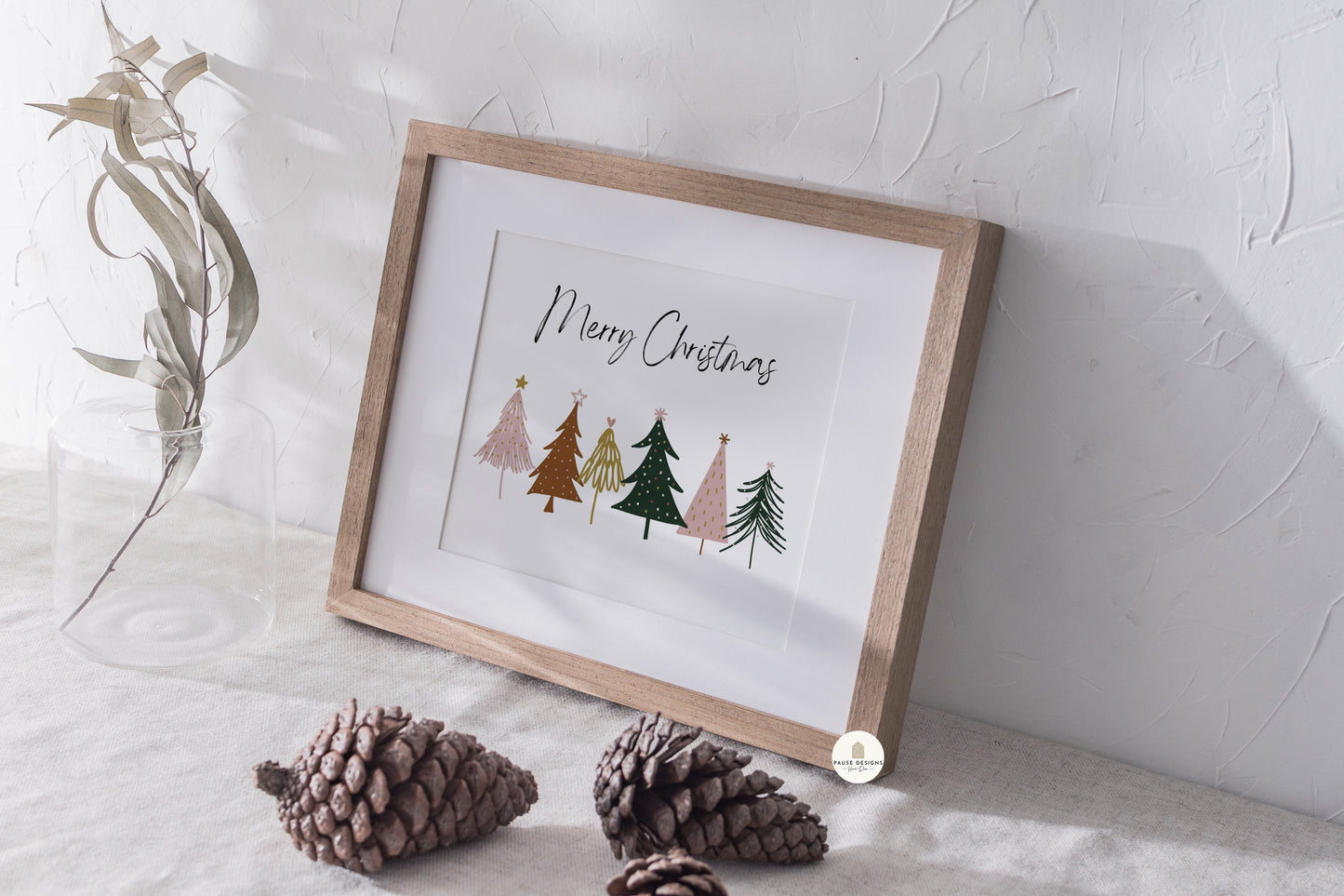 Merry Christmas Colourful Christmas Trees Wall Art Print | Unframed Prints