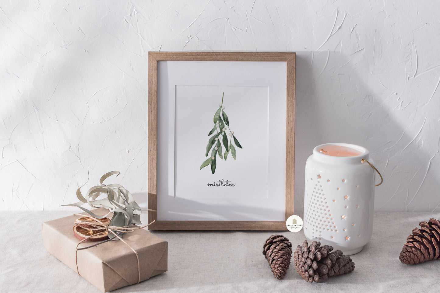 Watercolour Mistletoe Festive Typography Wall Art Print | Unframed Print