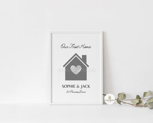 Our First Home Grey Heart Home Personalised Wall Art Print | Unframed Print
