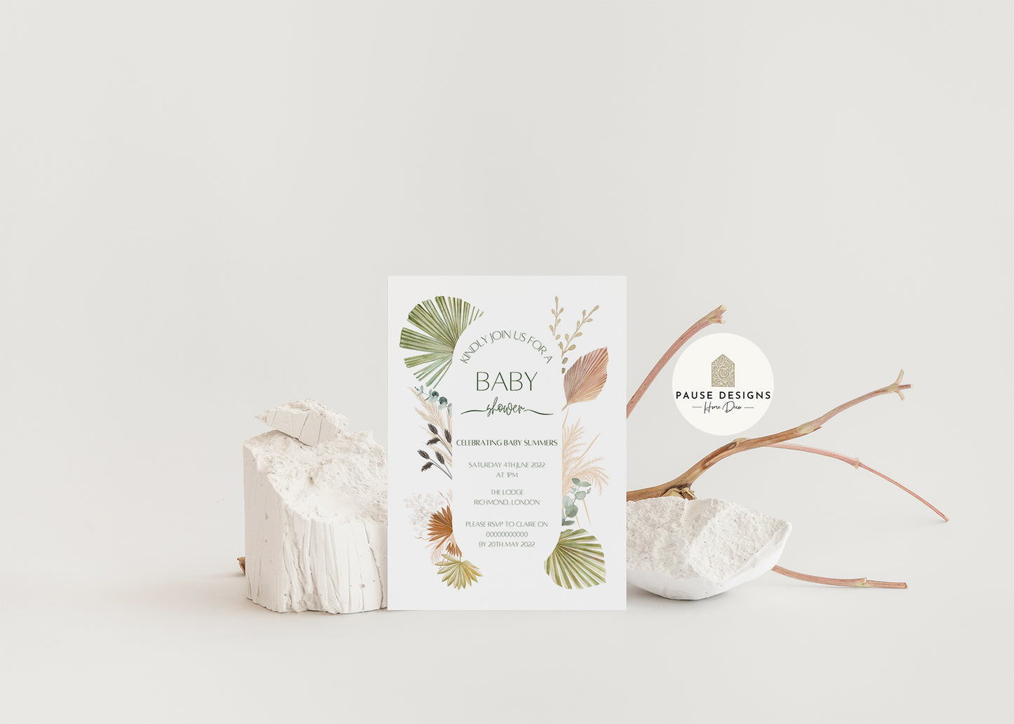 Pampas Grass Botanical Tropical Leaf Baby Shower Invitation With Envelope