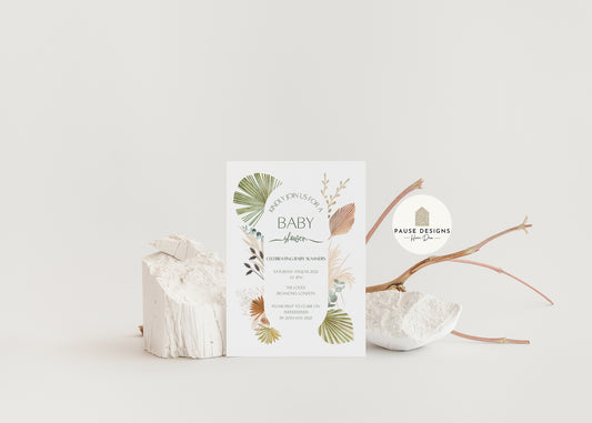 Pampas Grass Botanical Tropical Leaf Baby Shower Invitation With Envelope