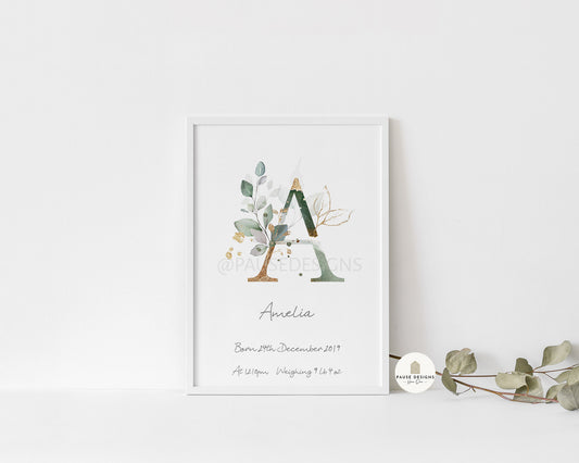 Personalised Watercolour Initial Baby Birth Details Wall Art Print | Unframed Print