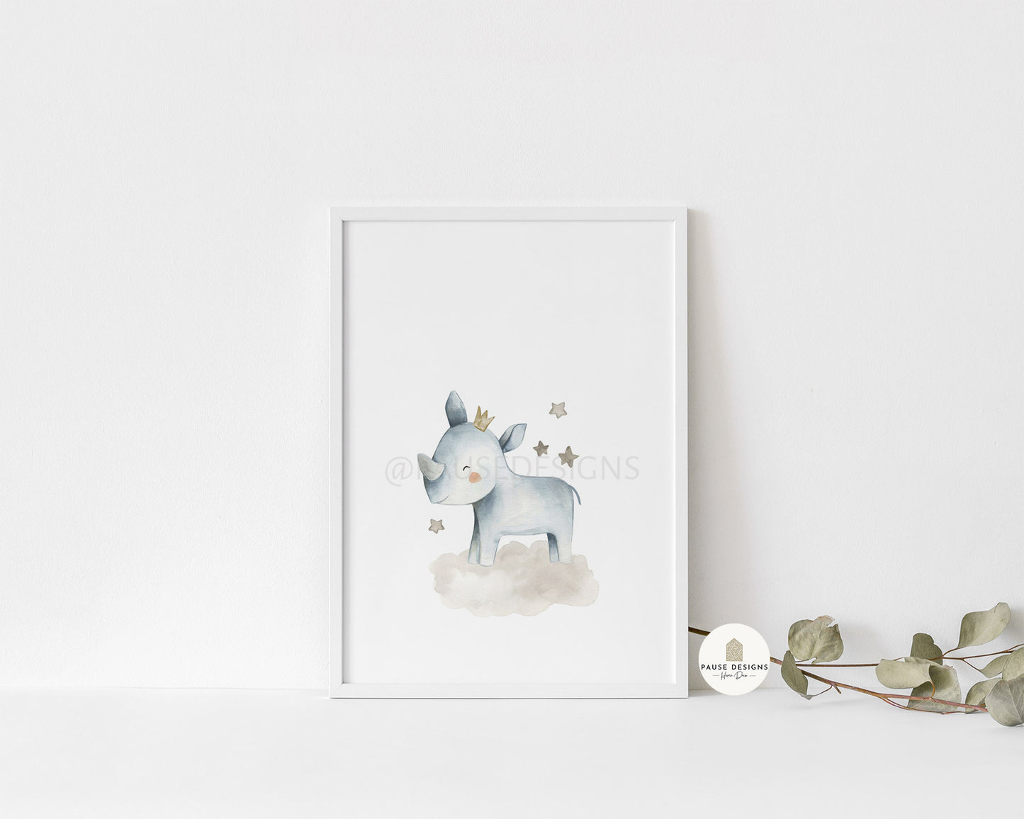 Watercolour Crowned Rhino & Stars Nursery Wall Art Print | Unframed Print