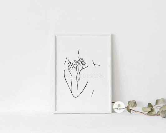 Romantic Naked Couple, Embrace Line Drawing Wall Art Print | Unframed Print