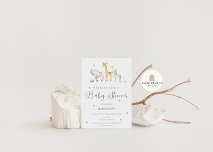 Safari Jungle Animal Watercolour Baby Shower Invitation | Envelope Included