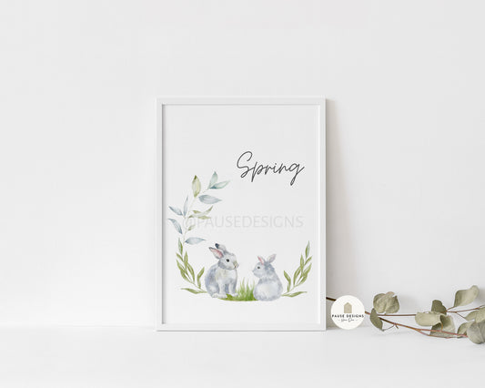 Spring Time Floral Bunny Wreath Wall Art Print | Unframed Print