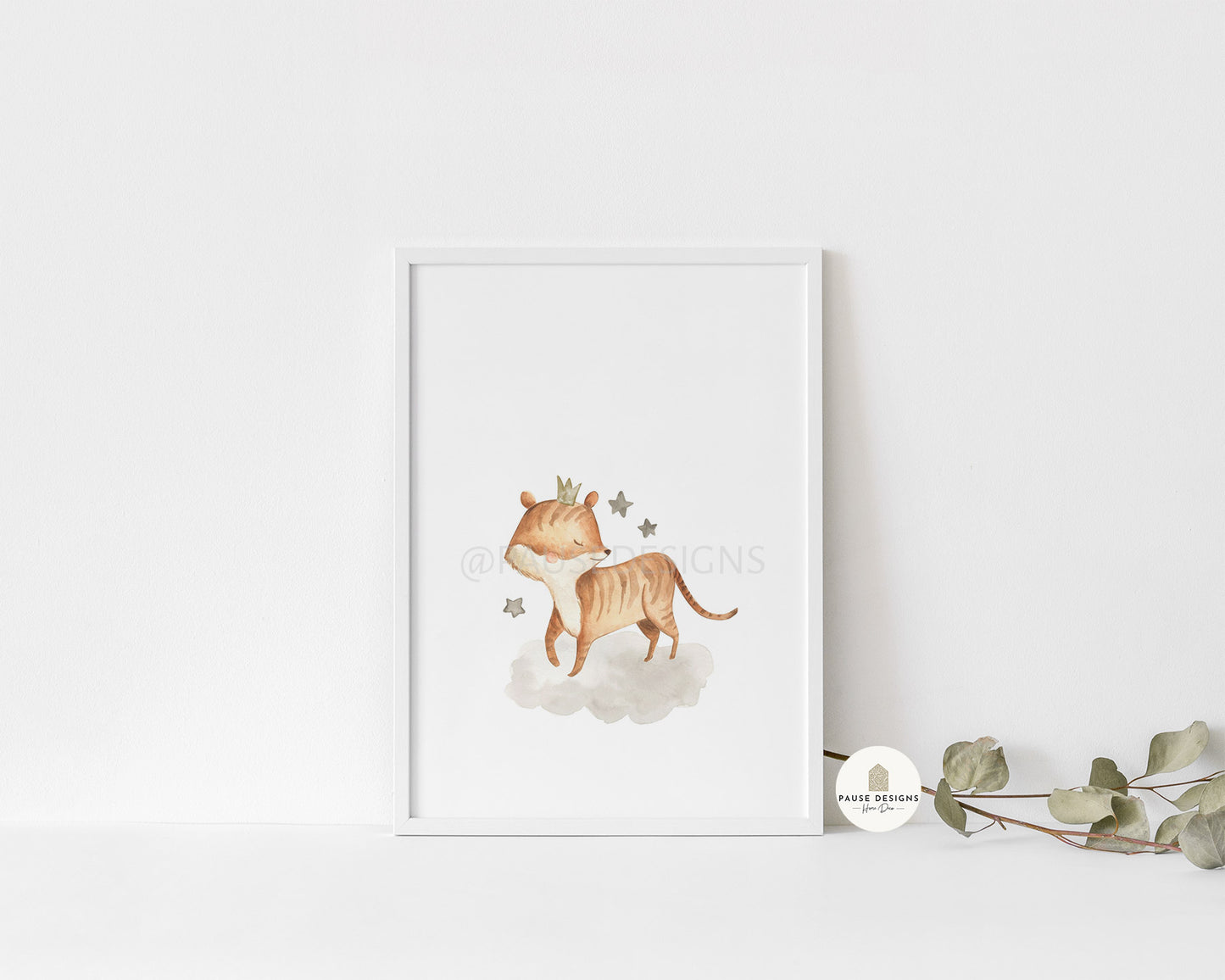 Watercolour Crowned Tiger & Stars Nursery Wall Art Print | Unframed Print