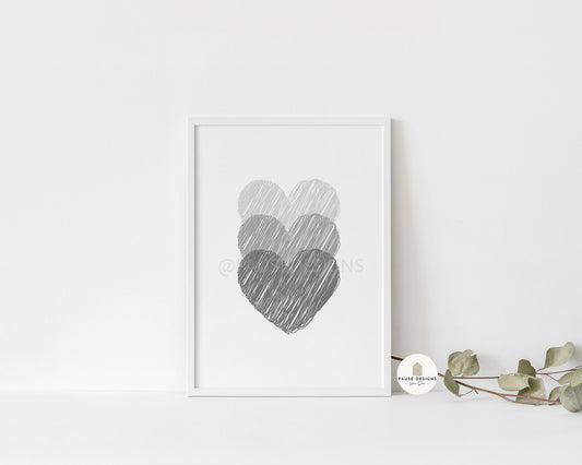 Triple Grey Scribble Hearts Wall Art Print | Unframed Print