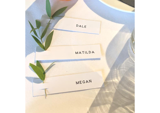 White Personalised Wedding Place Name Cards With Typewriter Text