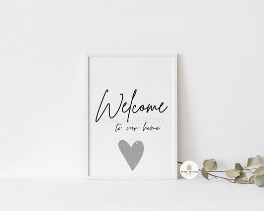 Welcome To Our Home Grey Heart Typography Wall Art Print | Unframed Print