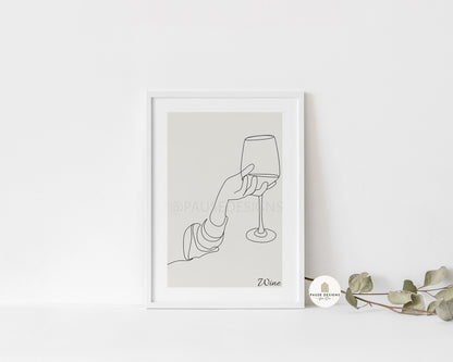 Wine Glass Toast Line Drawing Abstract Wall Art Print | Unframed Print