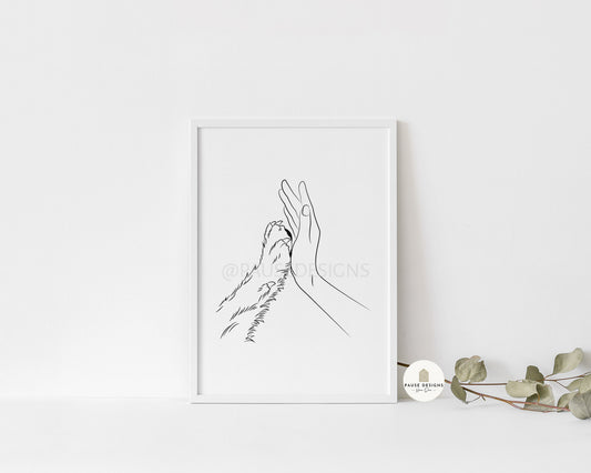 Dog Paw & Hand Line Drawing Wall Art Print | Unframed Prints