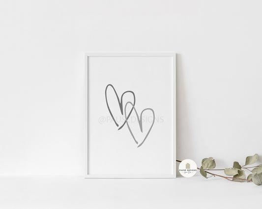 Two Tone Grey Double Hearts Wall Art Print | Unframed Print