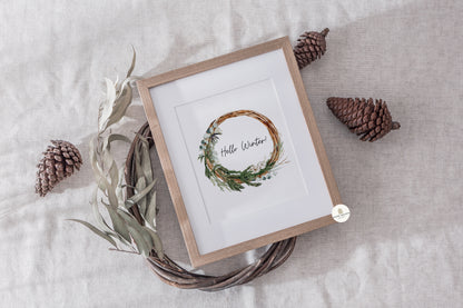 Hello Winter Christmas Wicker Wreath Wall Art Print | Unframed Prints