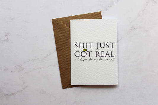 a card that says shit just got real on it
