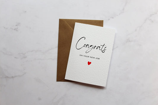 Congrats on your new job card, red heart, calligraphy text.