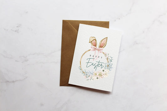 Happy Easter Floral Wreath Easter Greetings Card | Easter Card Gift | Cute Easter Card | Wife | Husband | A6 Card | Bunny Ears Card