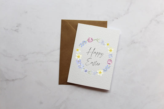 Watercolour Floral Easter Wreath Happy Easter Greetings Card | A6 Cards | Cute Cards | Easter Cards | Happy Easter | Flower Wreath