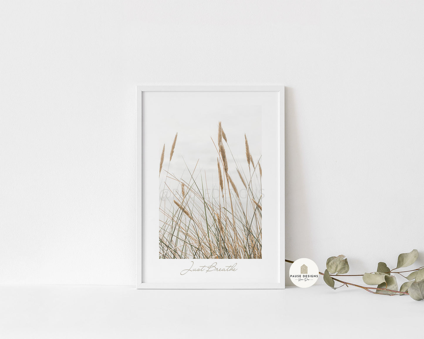 Dried Beach Grass Photography Print with Just Breathe Neutral Tones Typography 