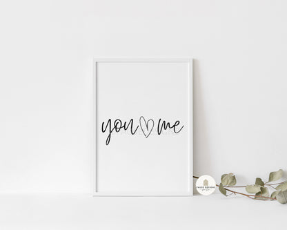 You & Me Grey Heart Typography Love Wall Art Print | Unframed Print