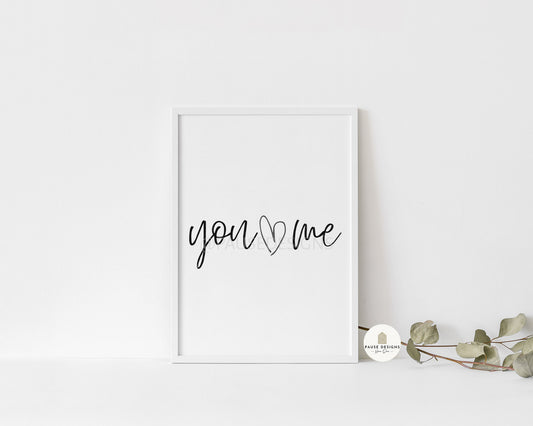 You & Me Grey Heart Typography Love Wall Art Print | Unframed Print