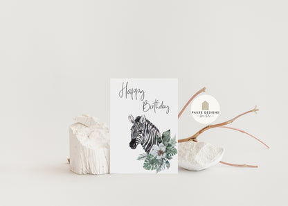 Botanical Zebra Happy Birthday Greetings Card